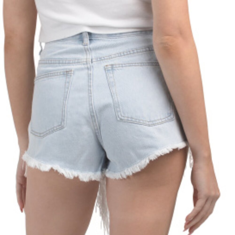 On Twelfth Sequin & Pearl Embellished Denim Shorts Light Wash Light Indigo Small - Picture 3 of 9